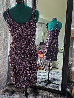 Suzi Chin for Maggy Boutique Purple Sequin Sheath Cocktail Dress – Size 8
